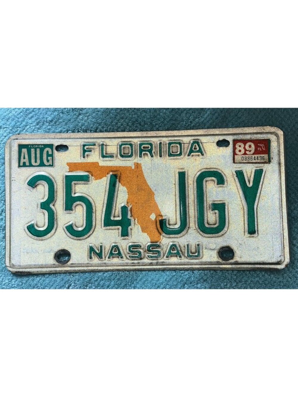 NASSAU Florida License Plate Vintage 1989 Tag 354 JGY State Map Graphic August